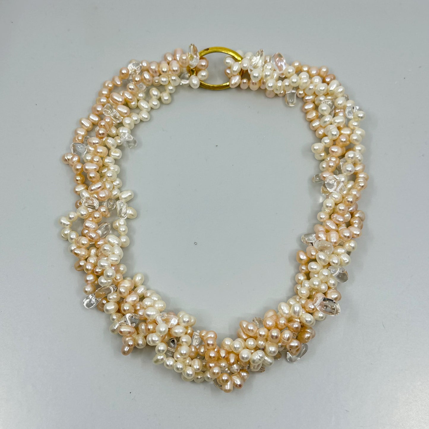 Gold filled cultured pearl & quartz torsade necklace