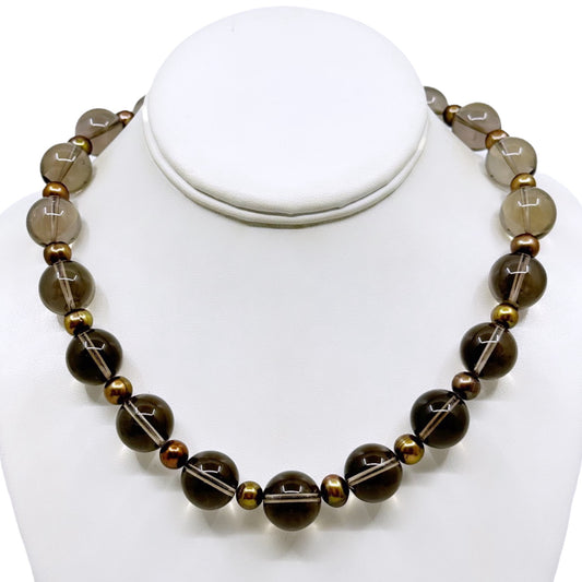 14k gold  Pearl & smoky quartz bead necklace