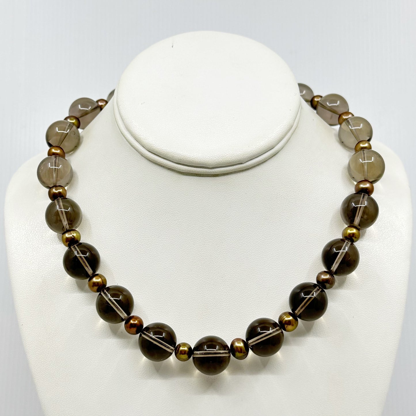 14k gold  Pearl & smoky quartz bead necklace