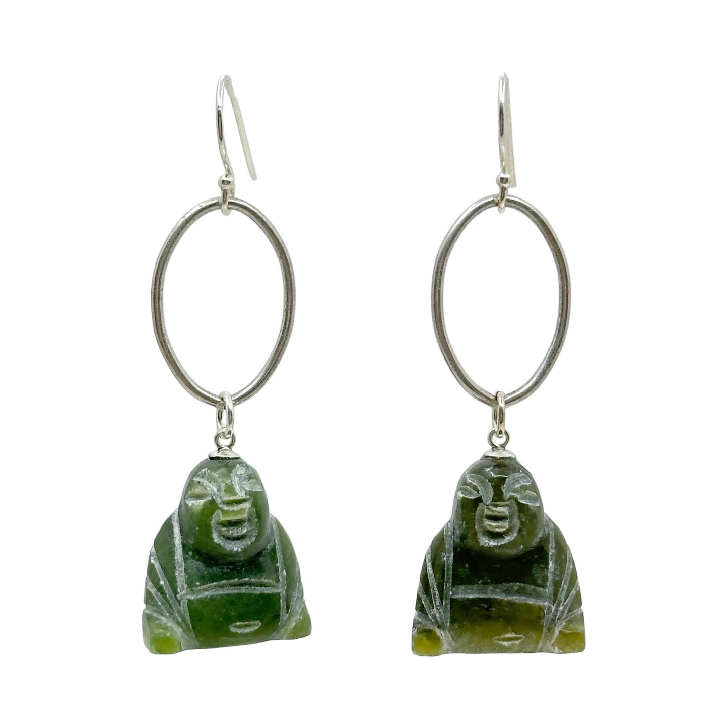 Hand Made Sterling silver carved nephrite jade Buddha earrings