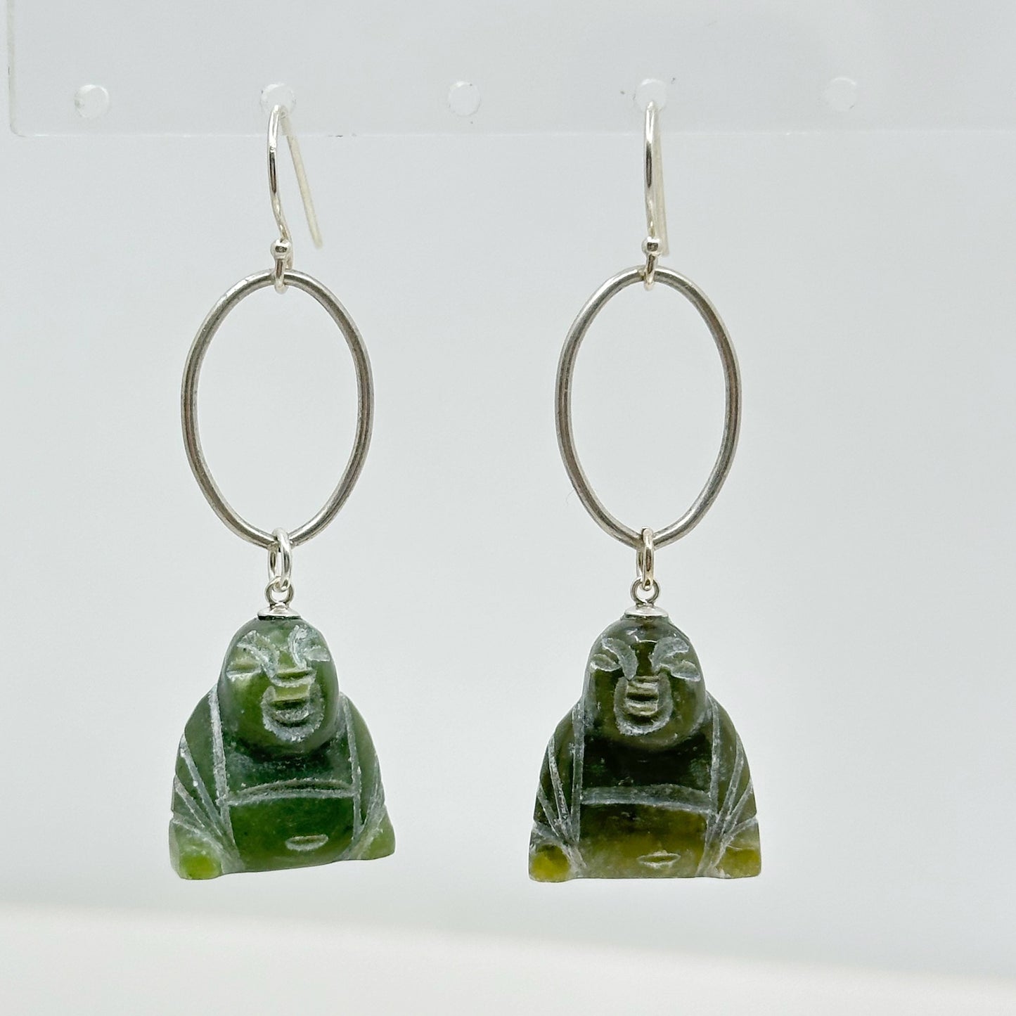 Hand Made Sterling silver carved nephrite jade Buddha earrings