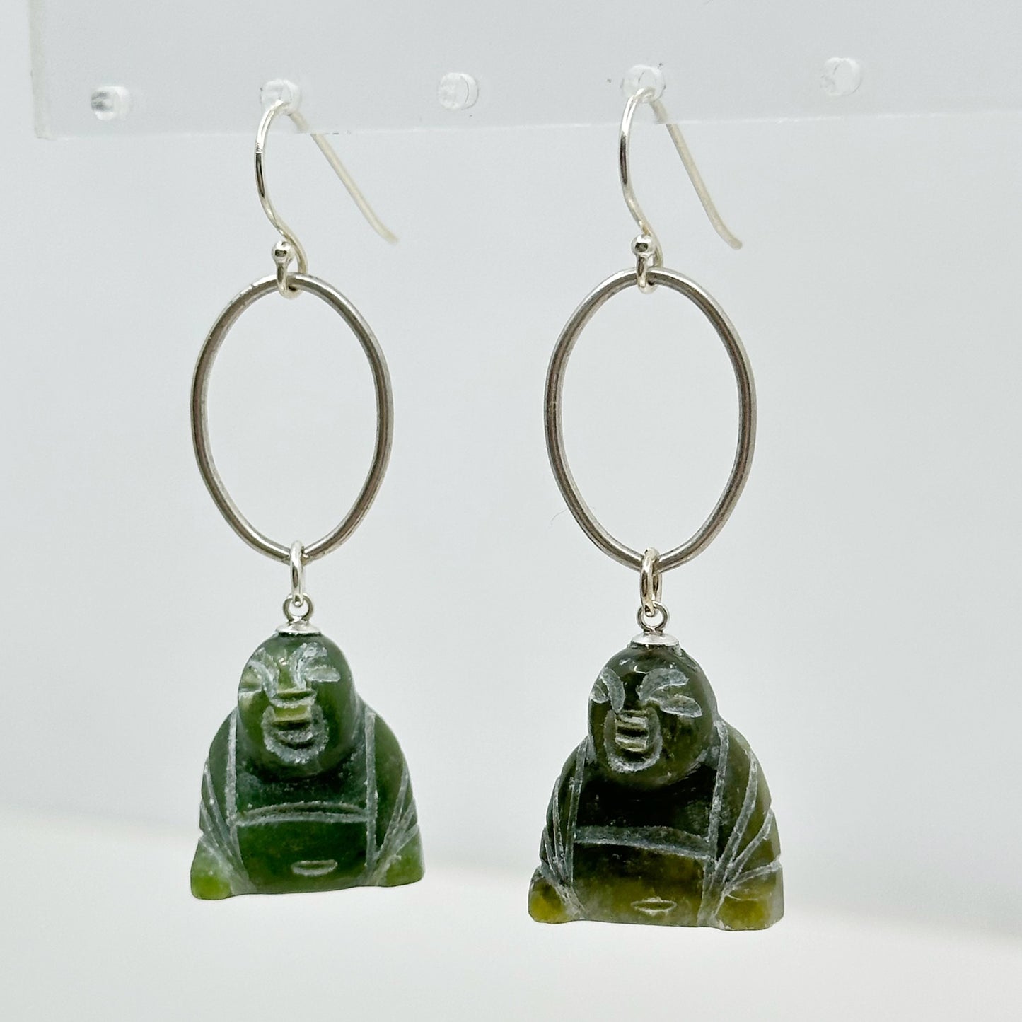 Hand Made Sterling silver carved nephrite jade Buddha earrings