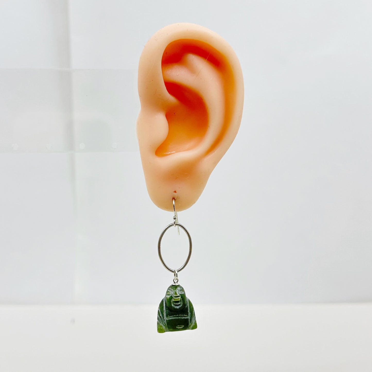 Hand Made Sterling silver carved nephrite jade Buddha earrings