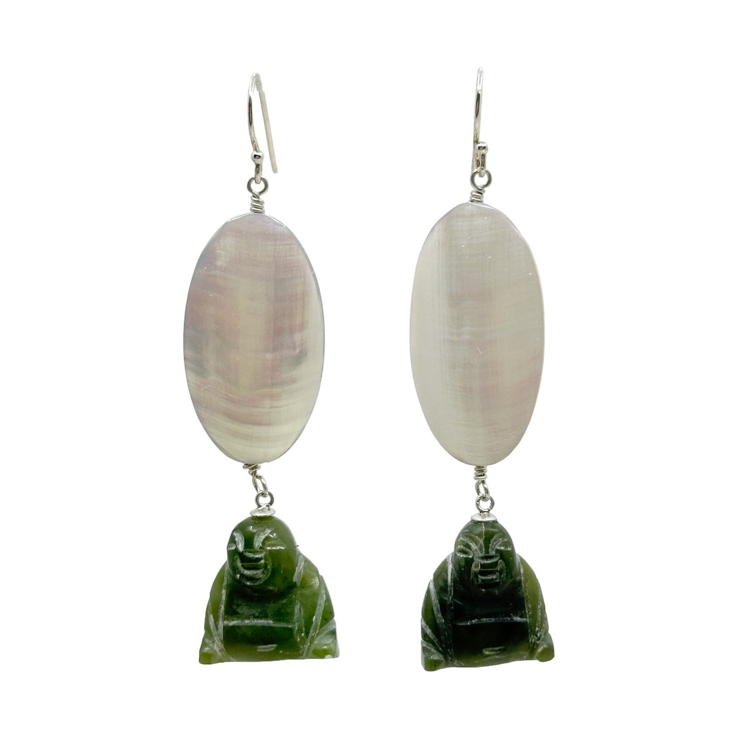 Sterling silver mother of pearl & carved nephrite jade Buddha earrings