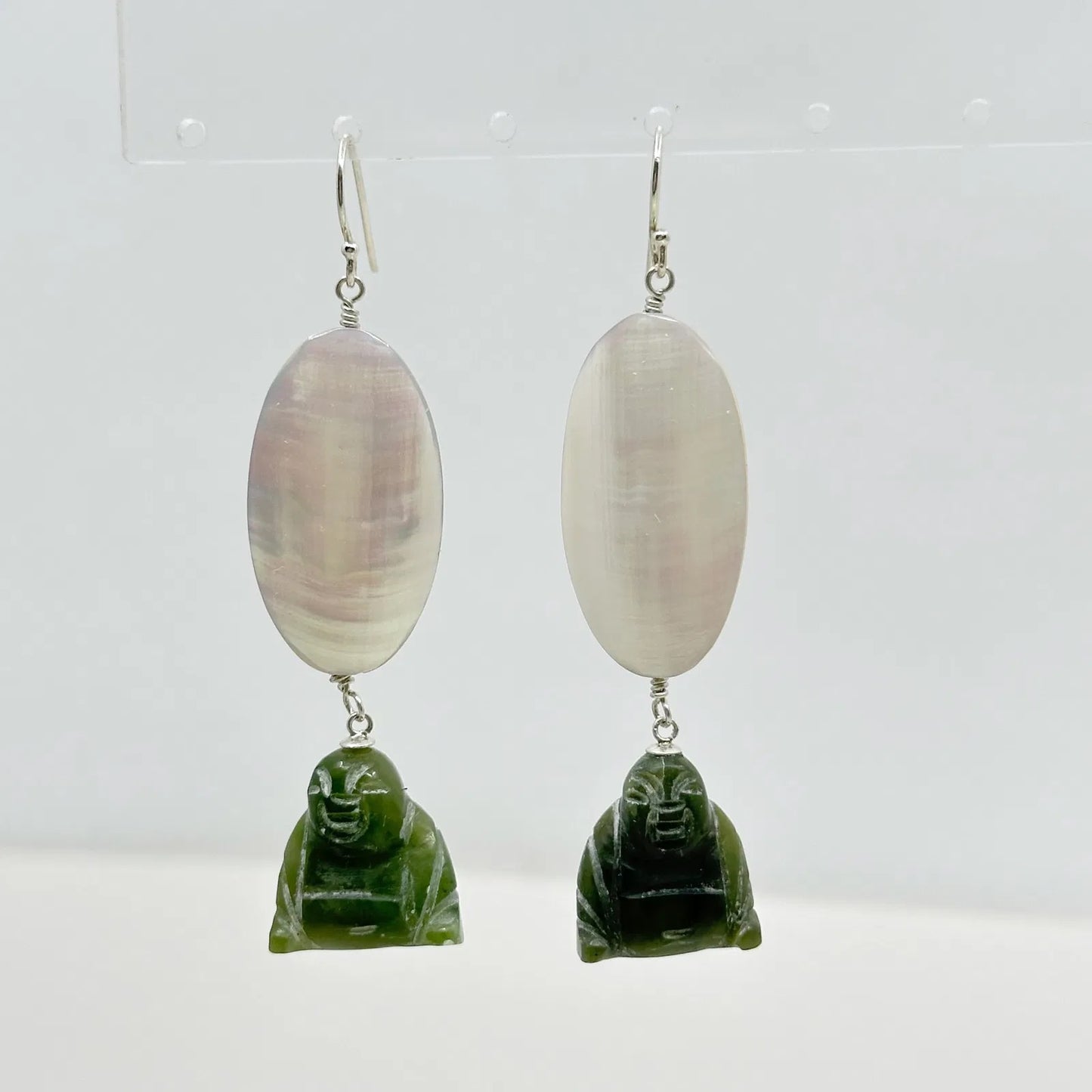 Sterling silver mother of pearl & carved nephrite jade Buddha earrings