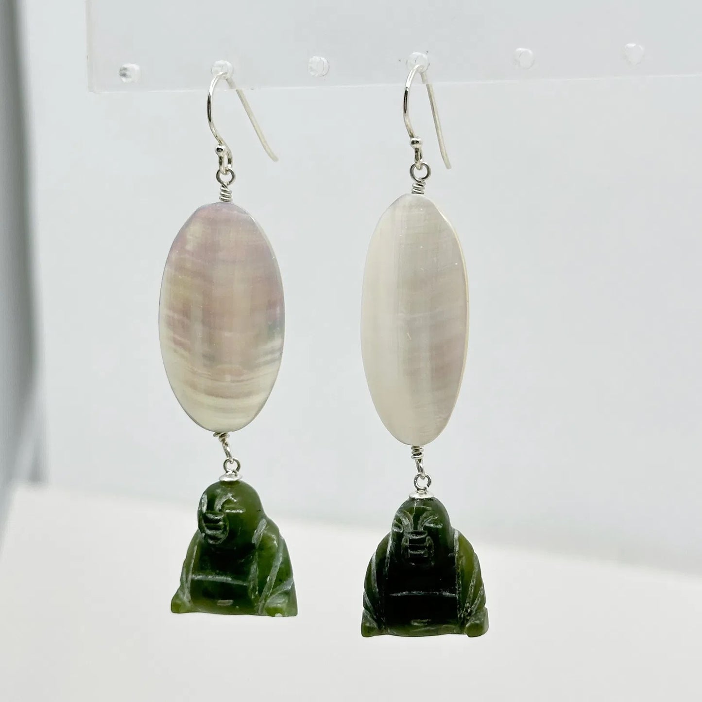 Sterling silver mother of pearl & carved nephrite jade Buddha earrings