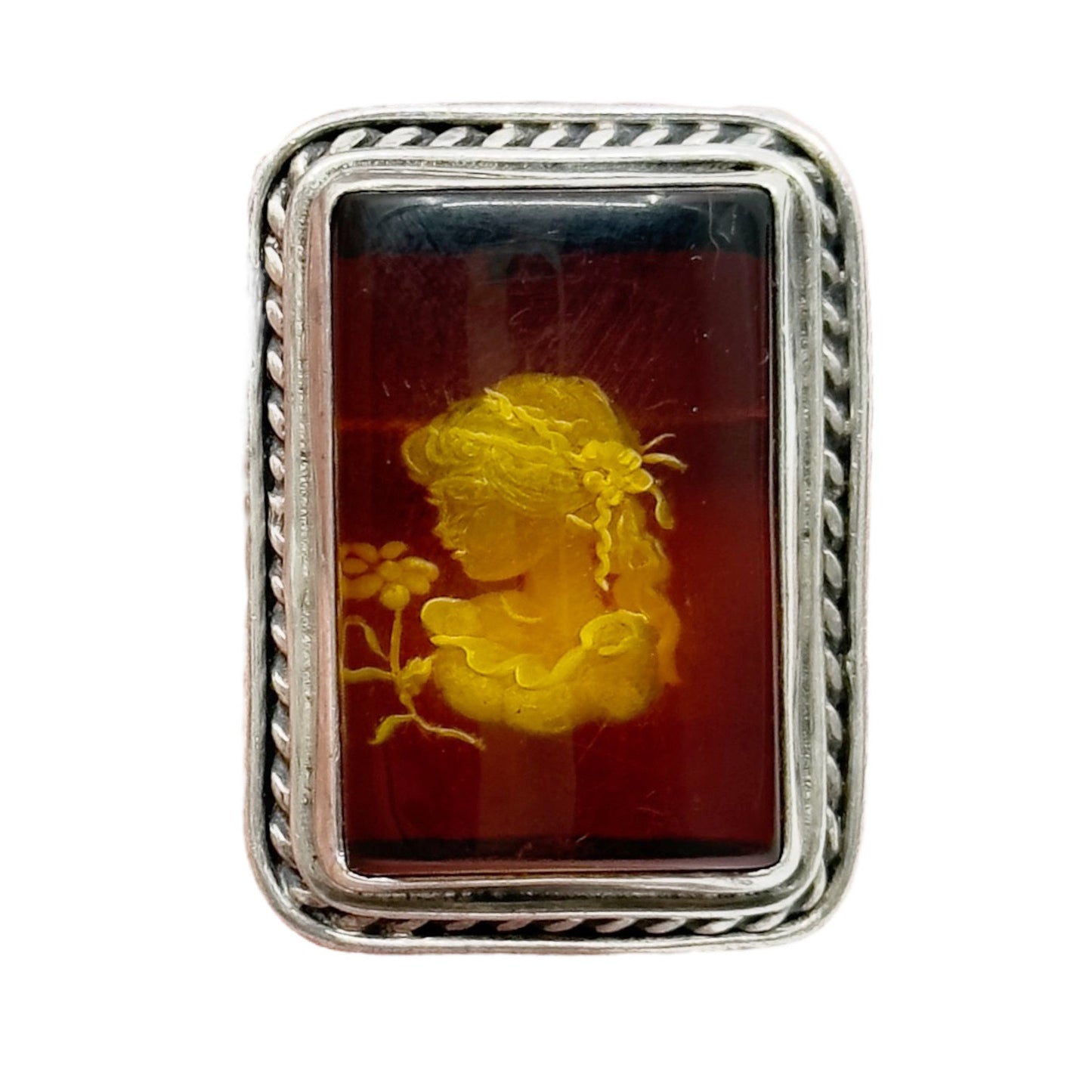 sterling silver reverse carved amber  brooch pendant