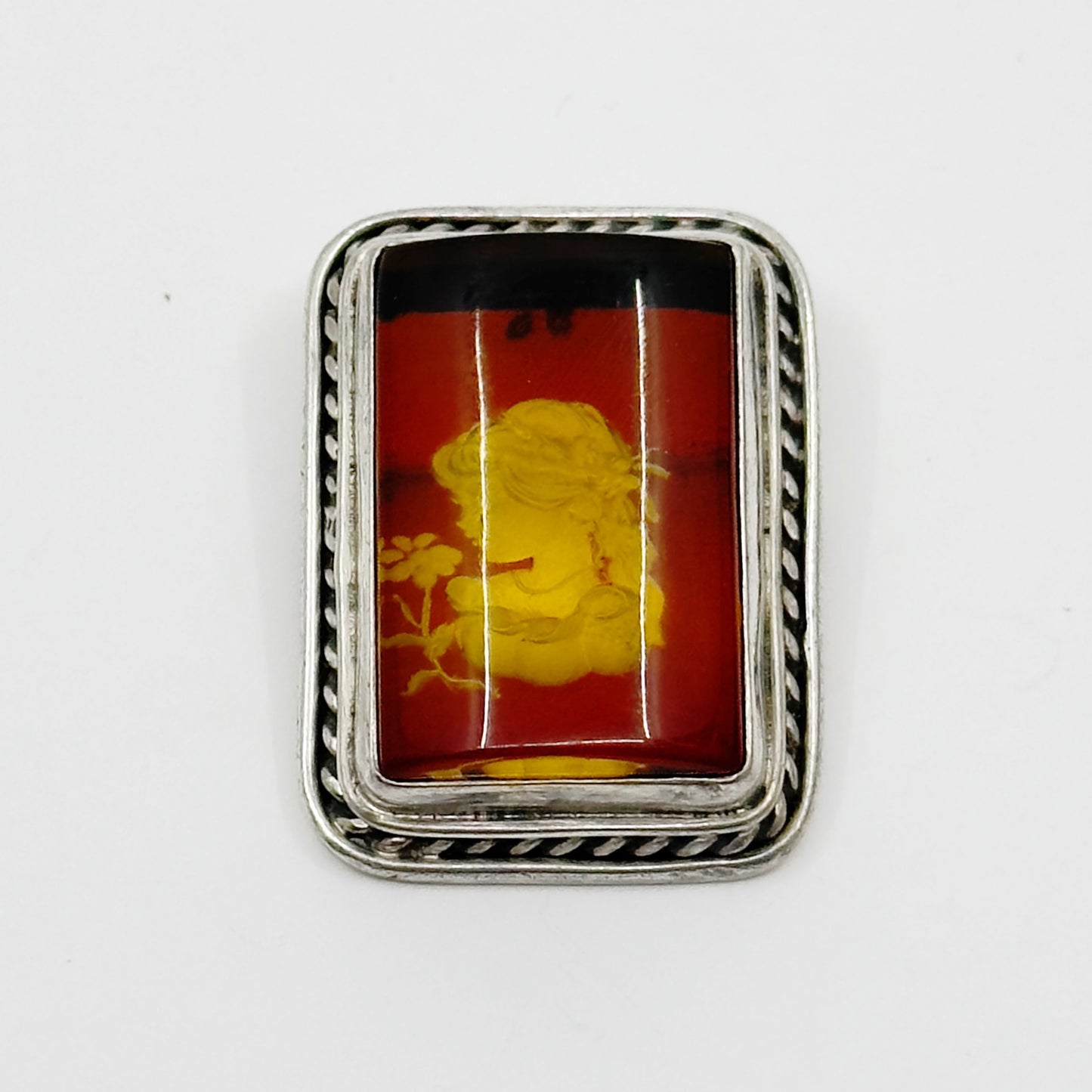 sterling silver reverse carved amber  brooch pendant