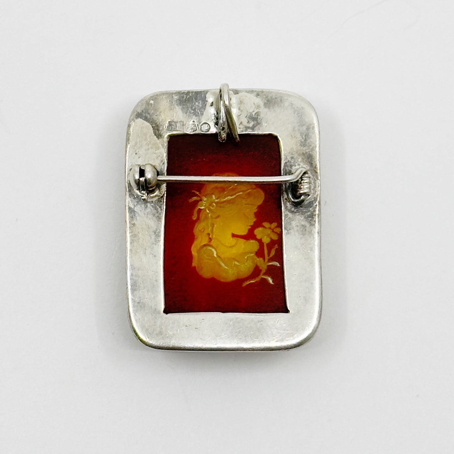 sterling silver reverse carved amber  brooch pendant