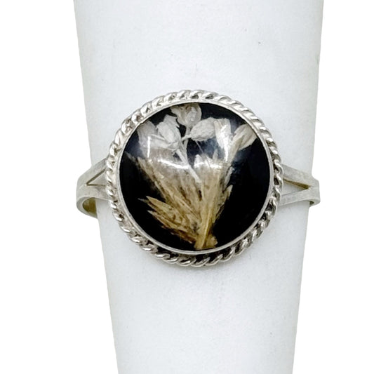 vintage Mexican sterling silver dry flower lucite ring - GM1041