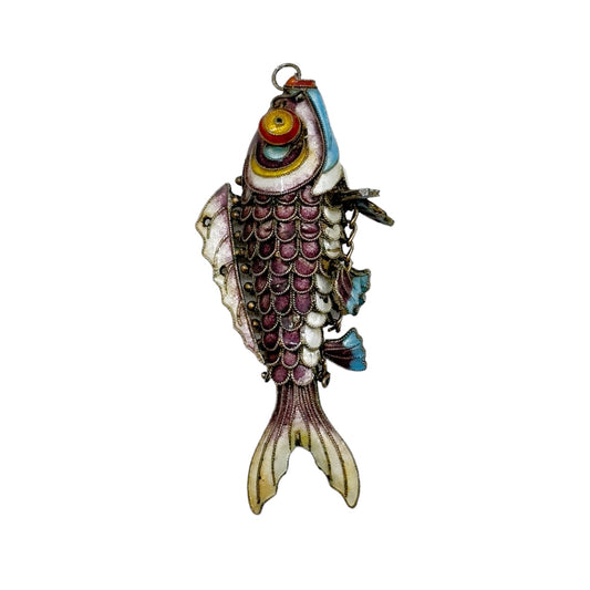 Vintage Sterling silver enamel reticulate Koi fish pendant