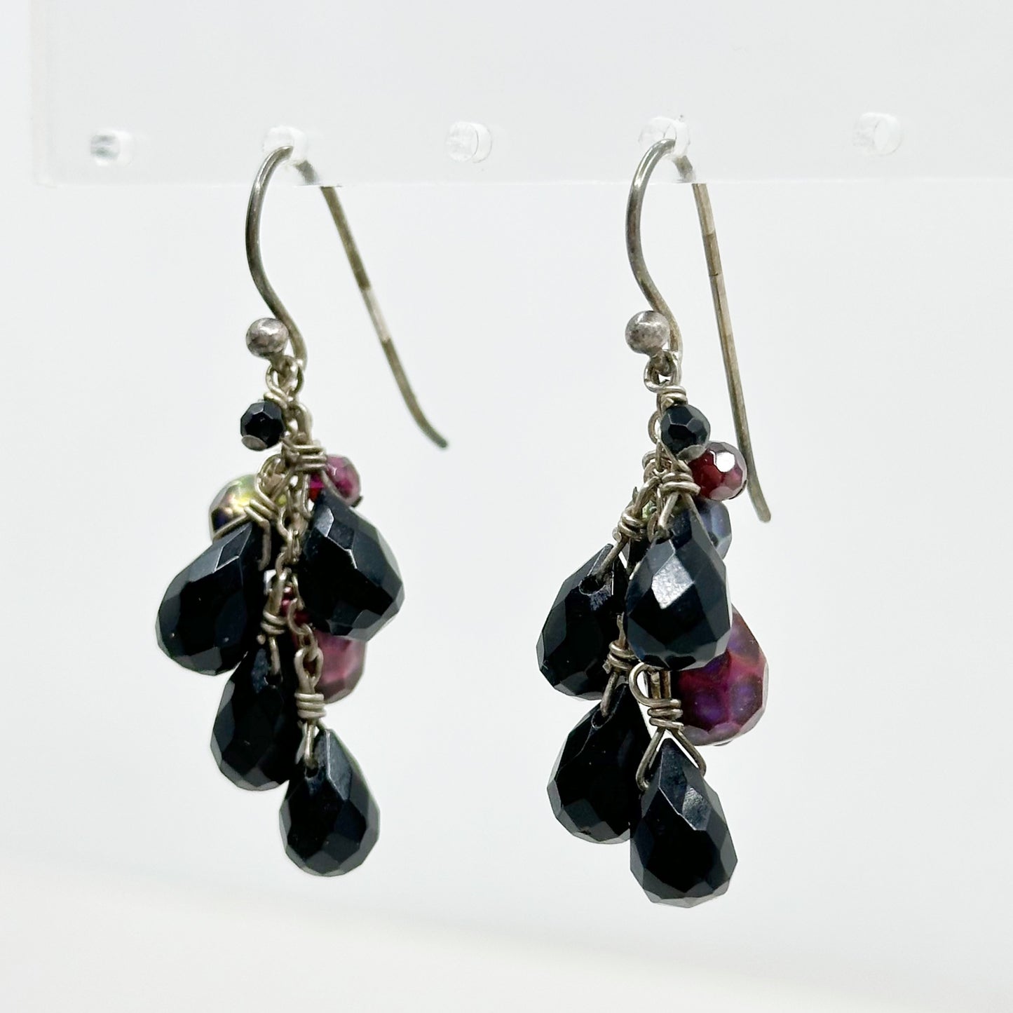 Hand Made sterling silver Onyx & pearl beads drop earrings