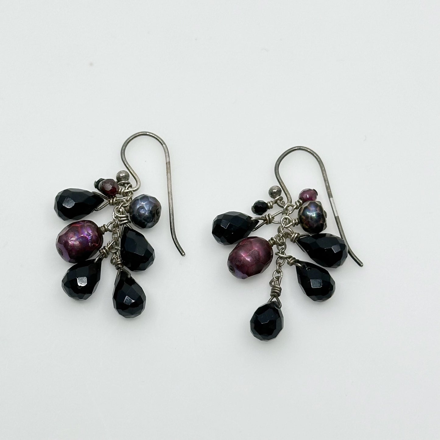 Hand Made sterling silver Onyx & pearl beads drop earrings