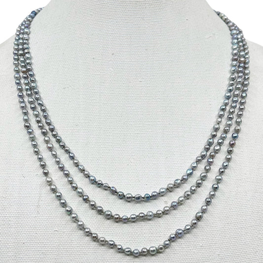 Vintage sterling silver Silver Gray Akoya semi baroque pearl 3 strand necklace