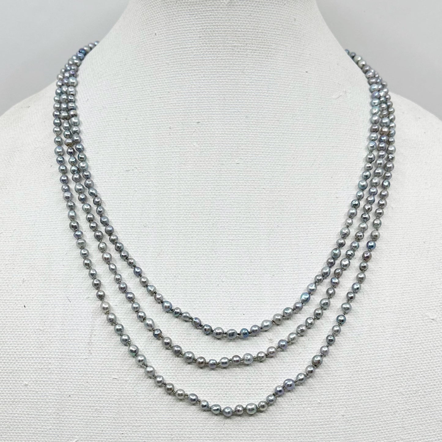 Vintage sterling silver Silver Gray Akoya semi baroque pearl 3 strand necklace