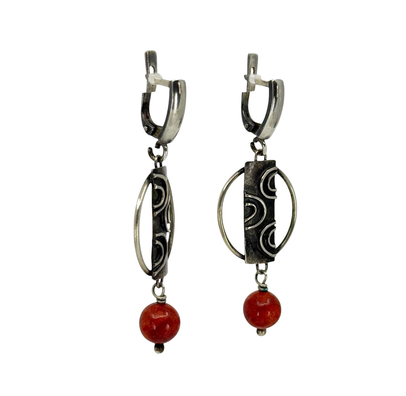 Modernist Hand Made sterling silver sponge coral drop  earrings - GM1075