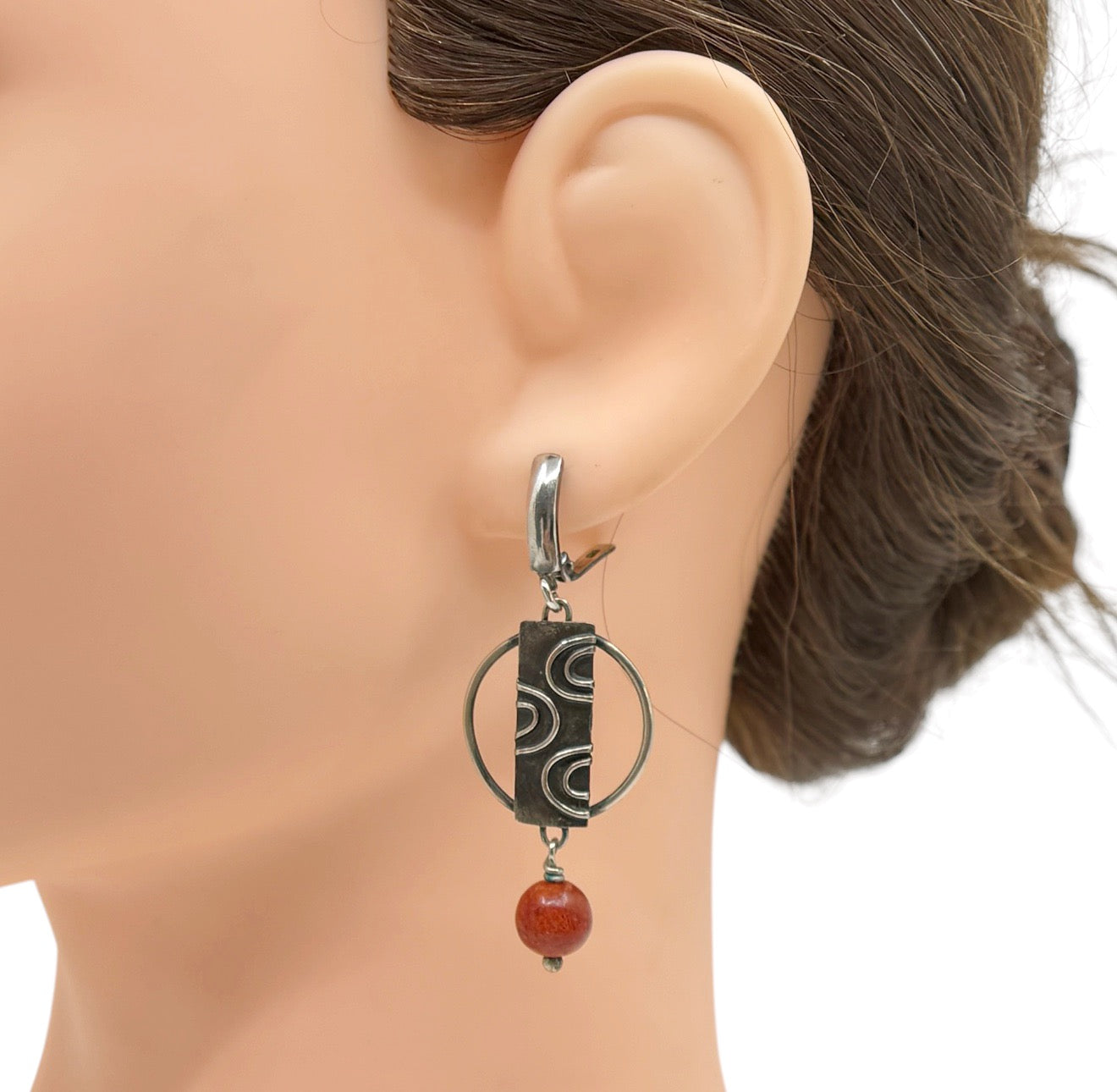 Modernist Hand Made sterling silver sponge coral drop  earrings - GM1075