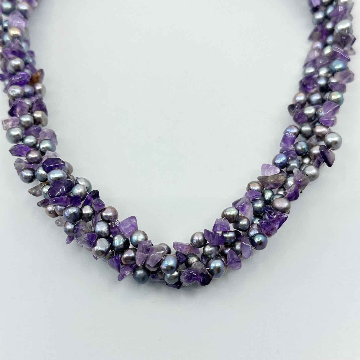 sterling silver pearl & amethyst beads torsade necklace