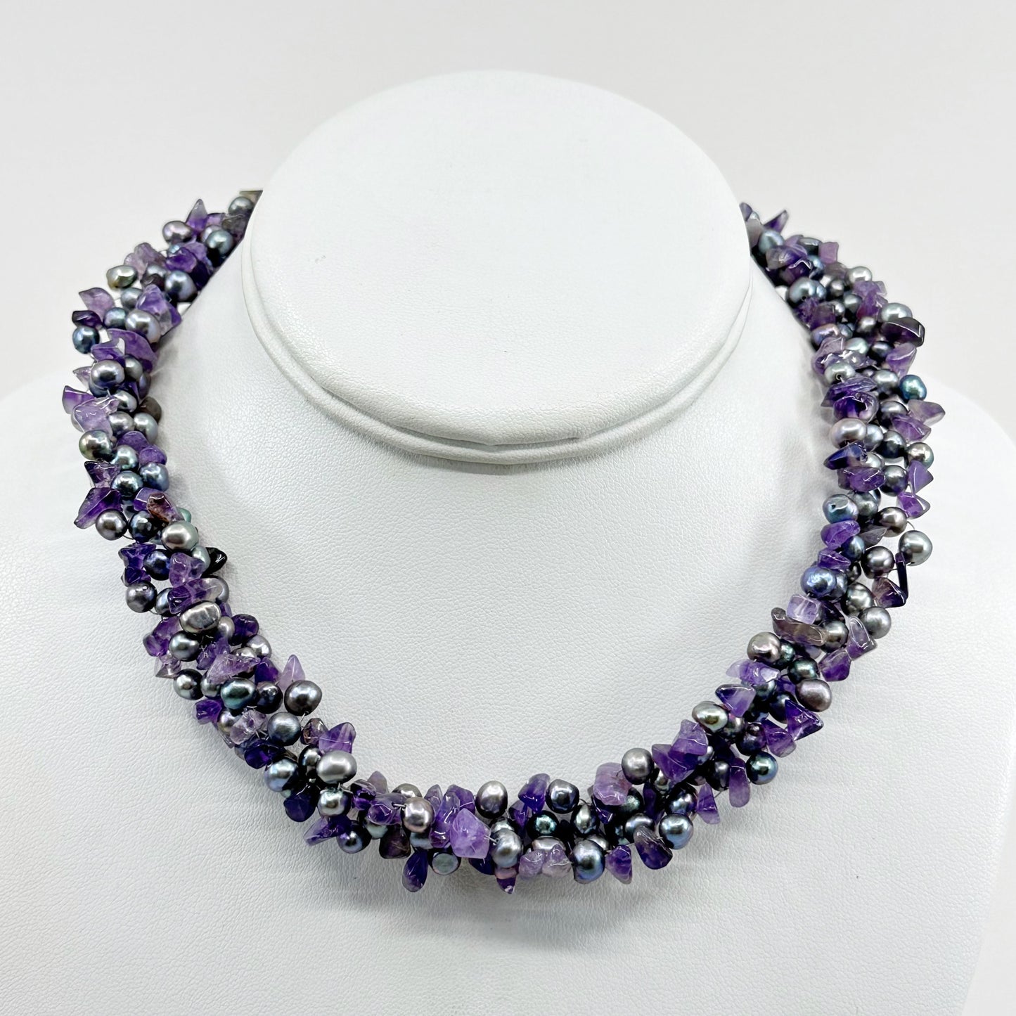 sterling silver pearl & amethyst beads torsade necklace