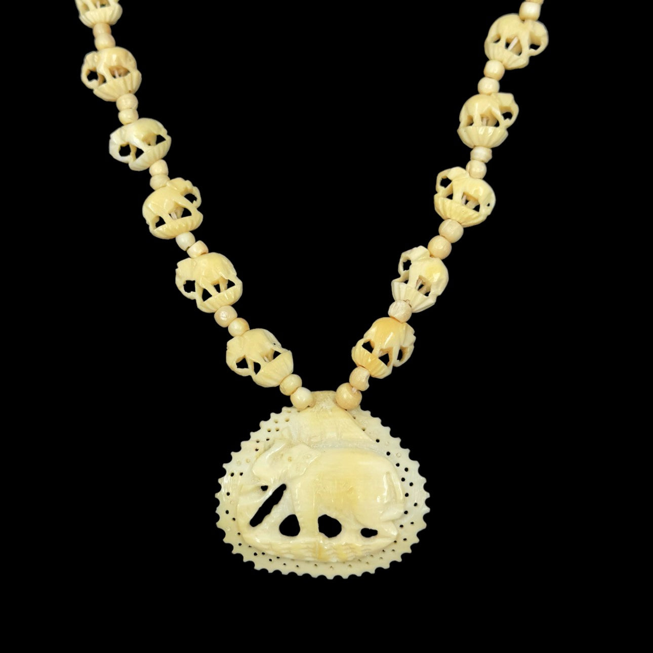 Vintage bone carved elephant bead necklace