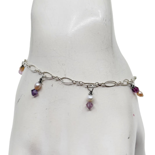 Sterling silver pearl & amethyst  charm bracelet