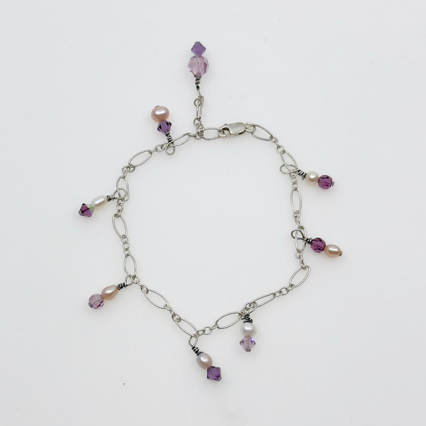 Sterling silver pearl & amethyst  charm bracelet