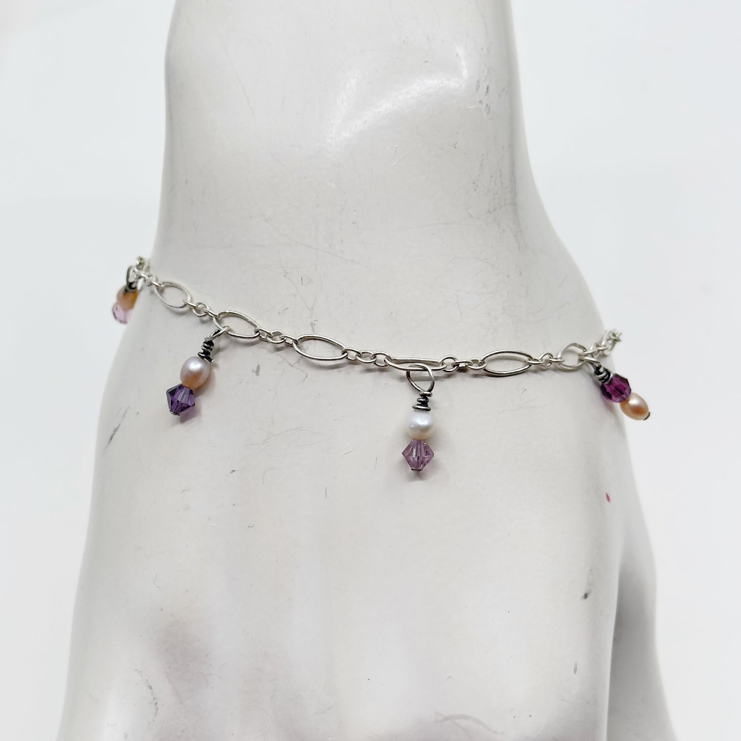 Sterling silver pearl & amethyst  charm bracelet