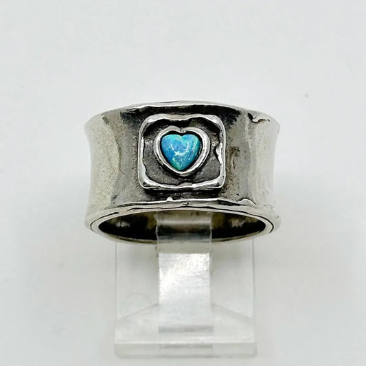 Israeli Sterling silver opal heart band ring