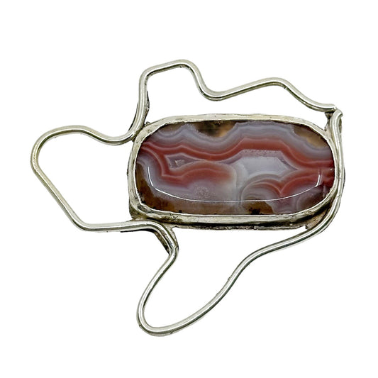 Mid Century sterling silver agate brooch