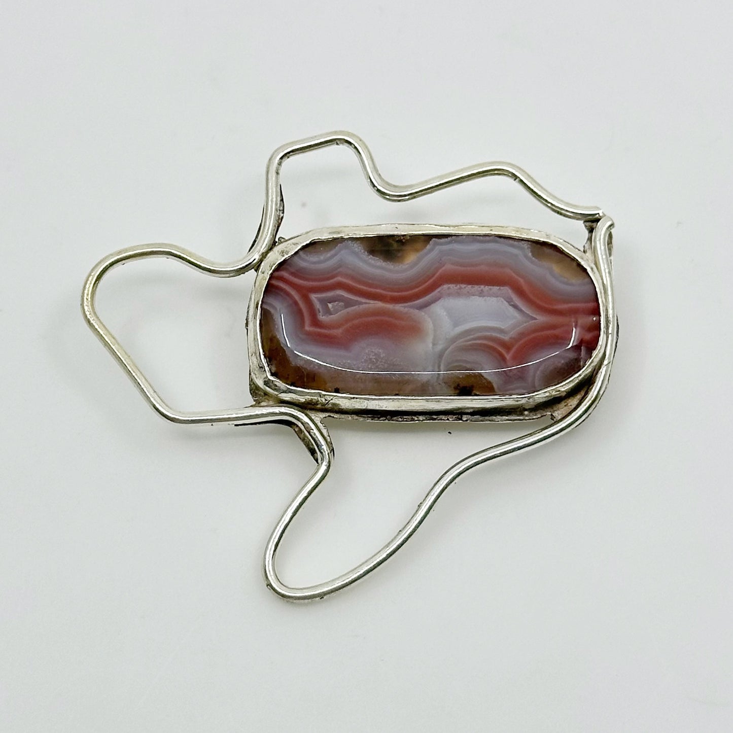 Mid Century sterling silver agate brooch