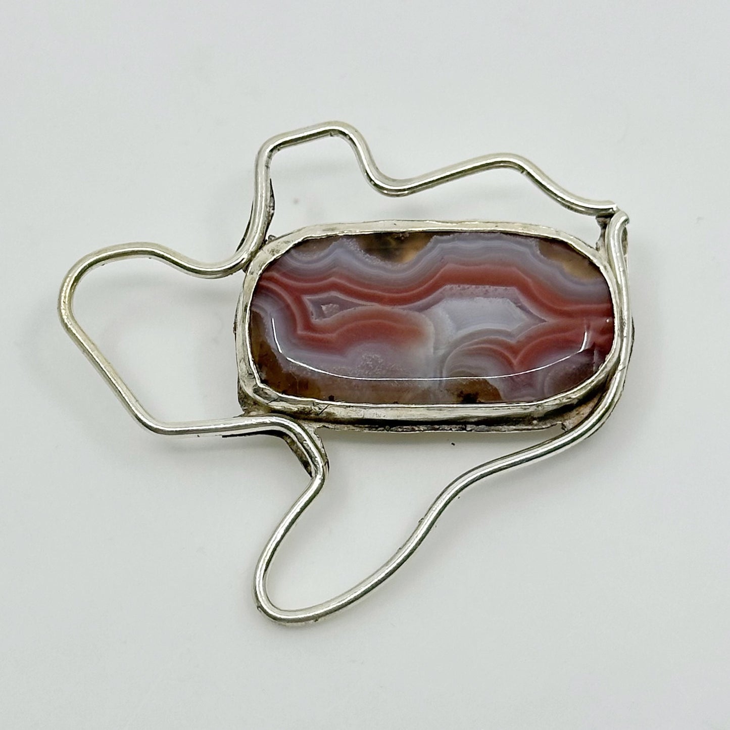 Mid Century sterling silver agate brooch