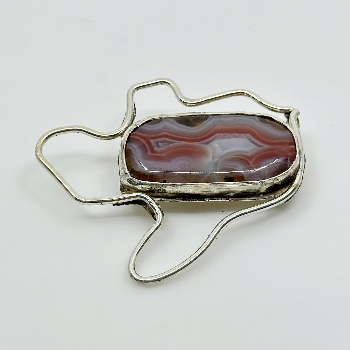 Mid Century sterling silver agate brooch