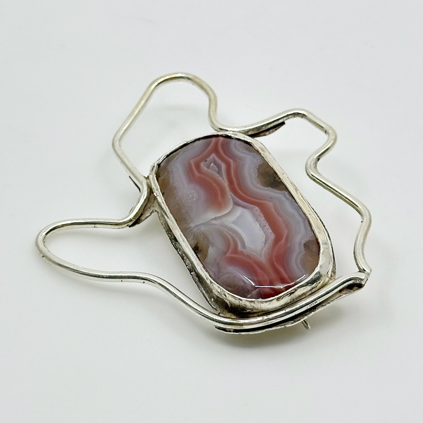 Mid Century sterling silver agate brooch