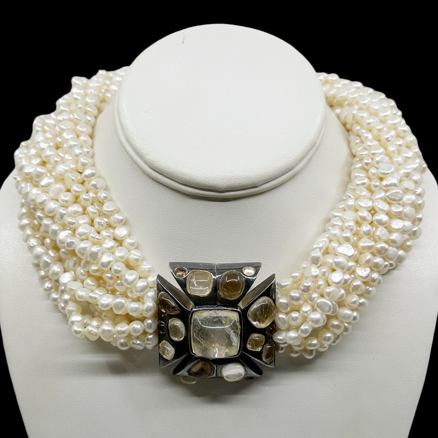 Francesca Romana silver glass cabochon & freshwater pearl torsade necklace