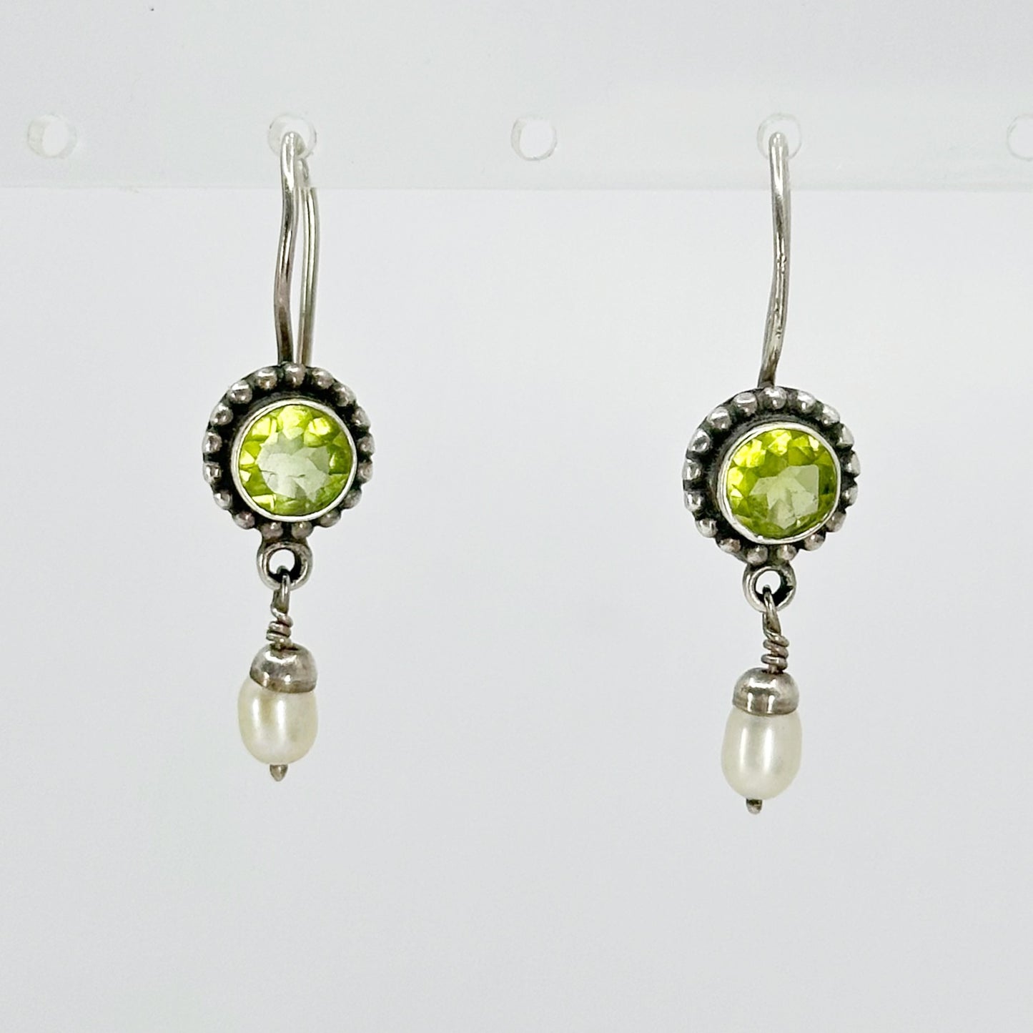 Sterling silver Pearl & peridot drop earrings