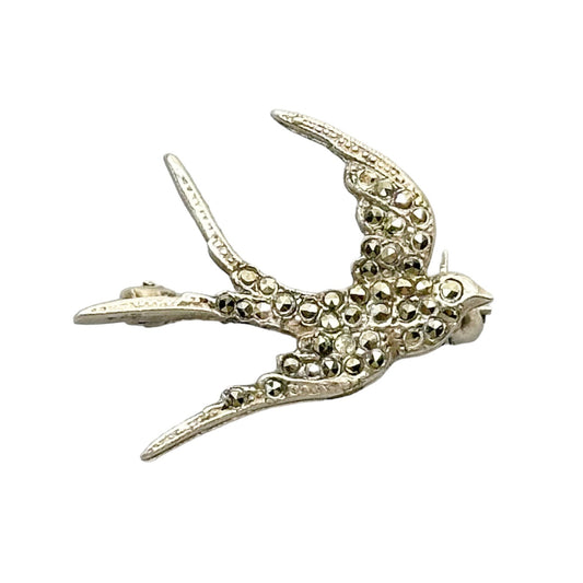 Vintage sterling silver marcasite swallow bird brooch