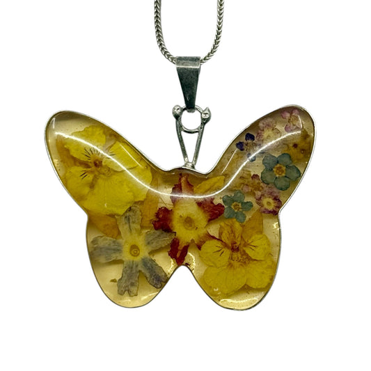 Vintage Sterling Silver dry flowers on acrylic butterfly pendant - GM1134