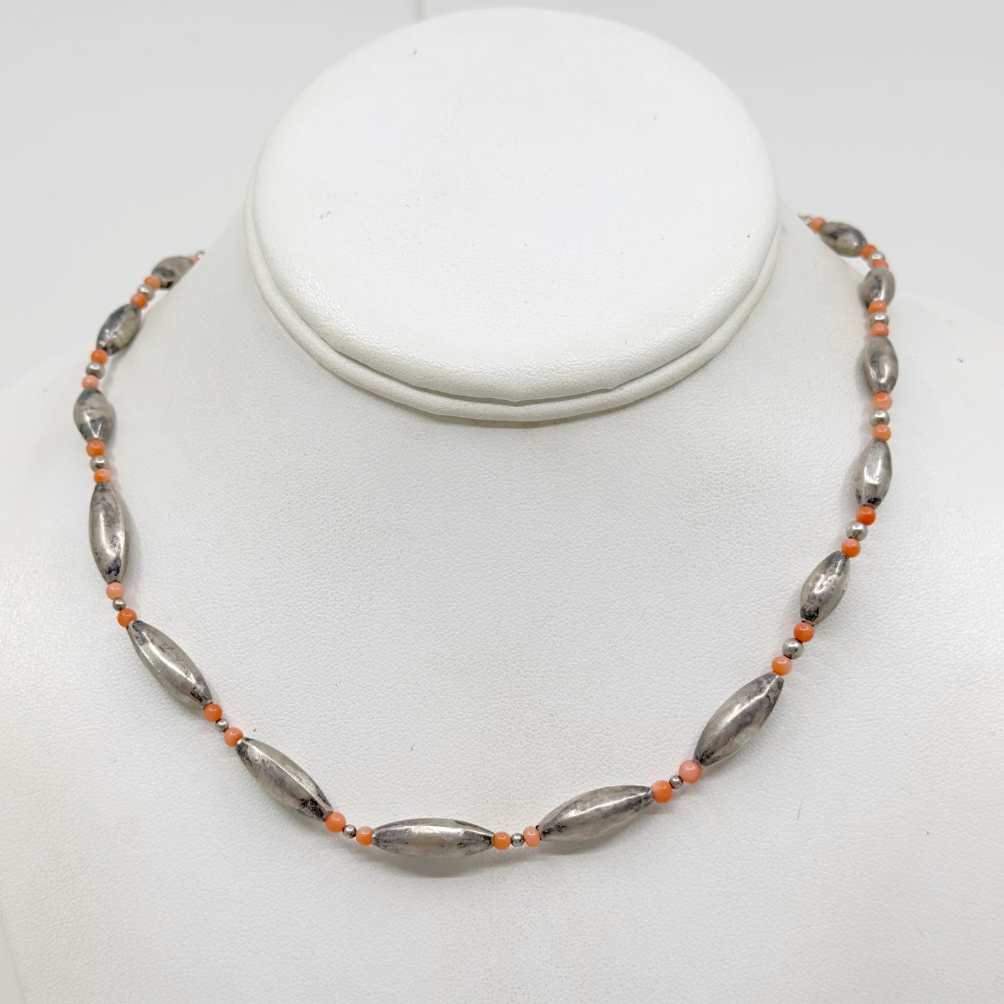 Zuni sterling silver coral bead necklace