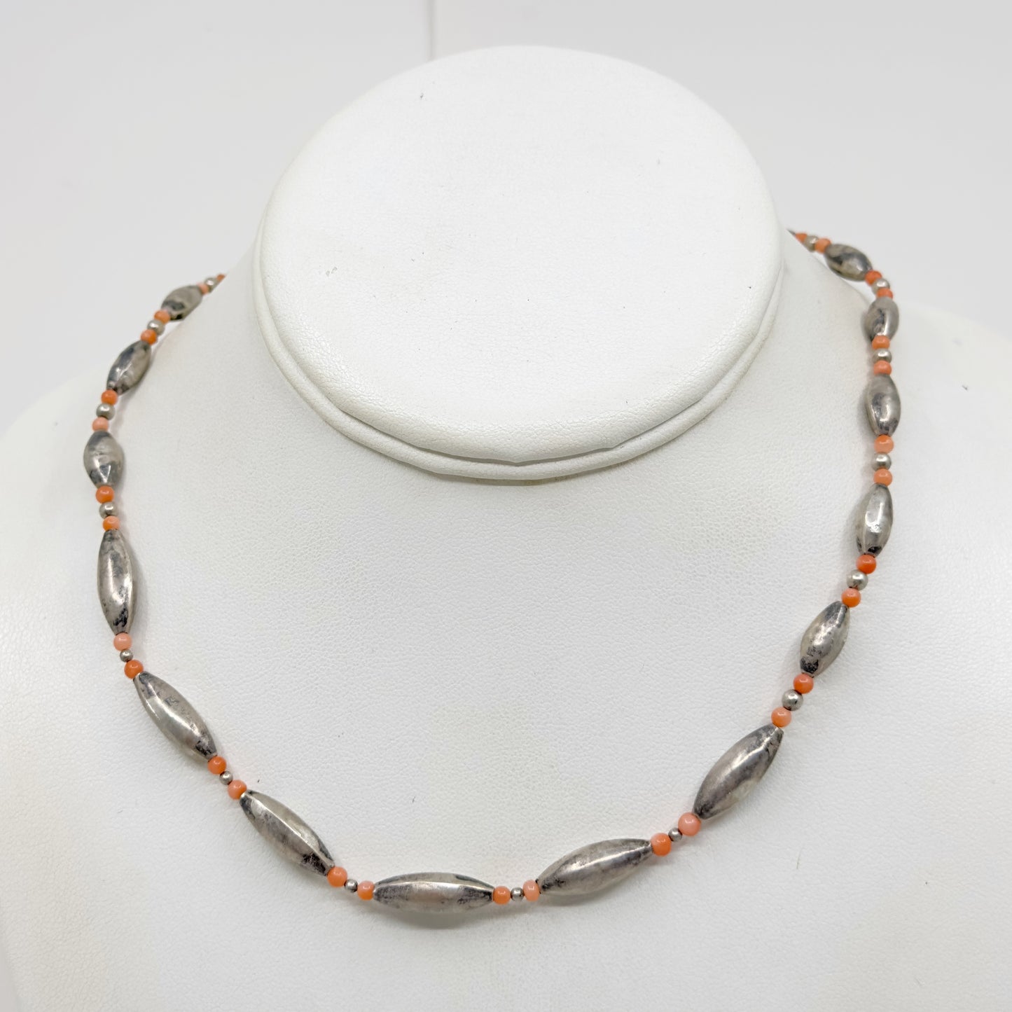 Zuni sterling silver coral bead necklace