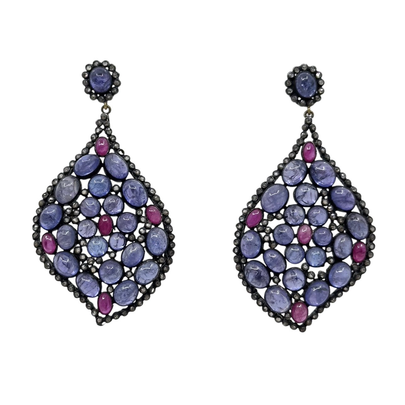 Sterling silver tanzanite ruby  & 2 carat rose cut diamond earrings