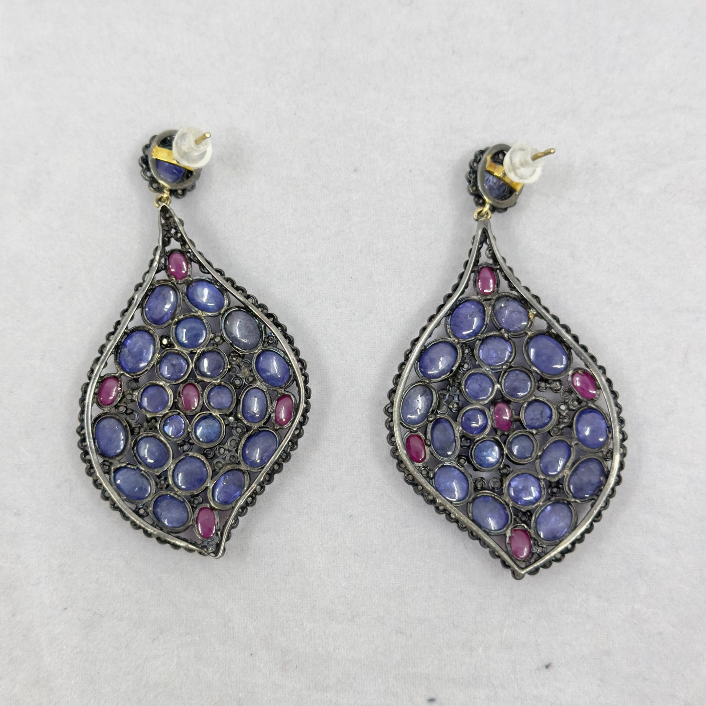 Sterling silver tanzanite ruby  & 2 carat rose cut diamond earrings