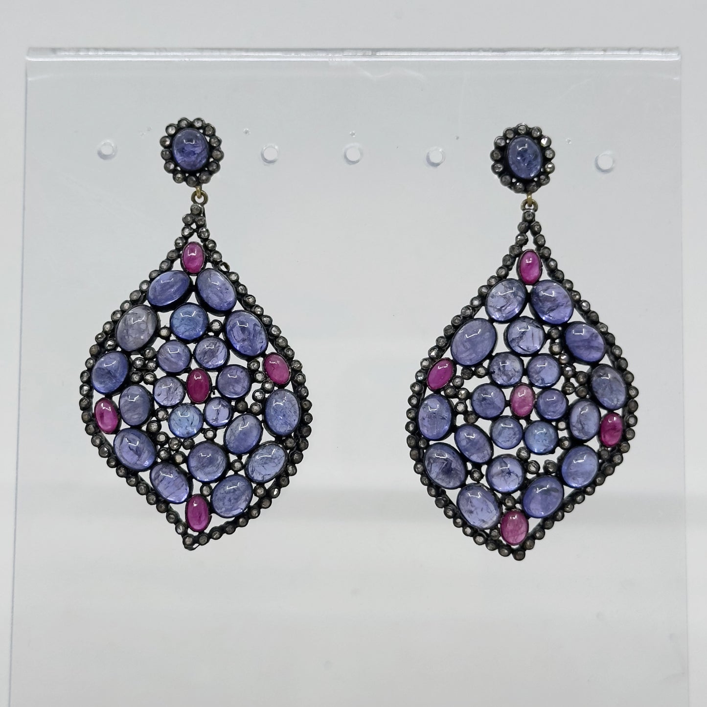 Sterling silver tanzanite ruby  & 2 carat rose cut diamond earrings