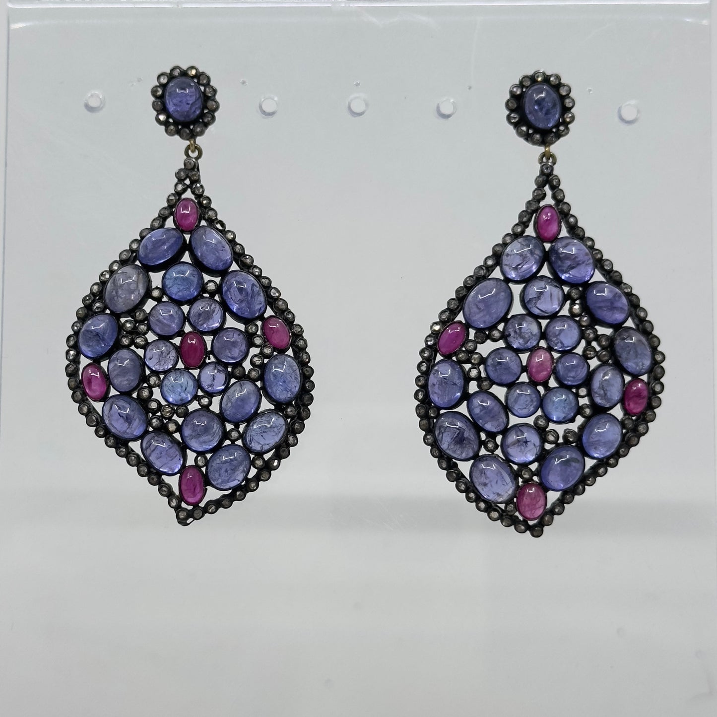 Sterling silver tanzanite ruby  & 2 carat rose cut diamond earrings