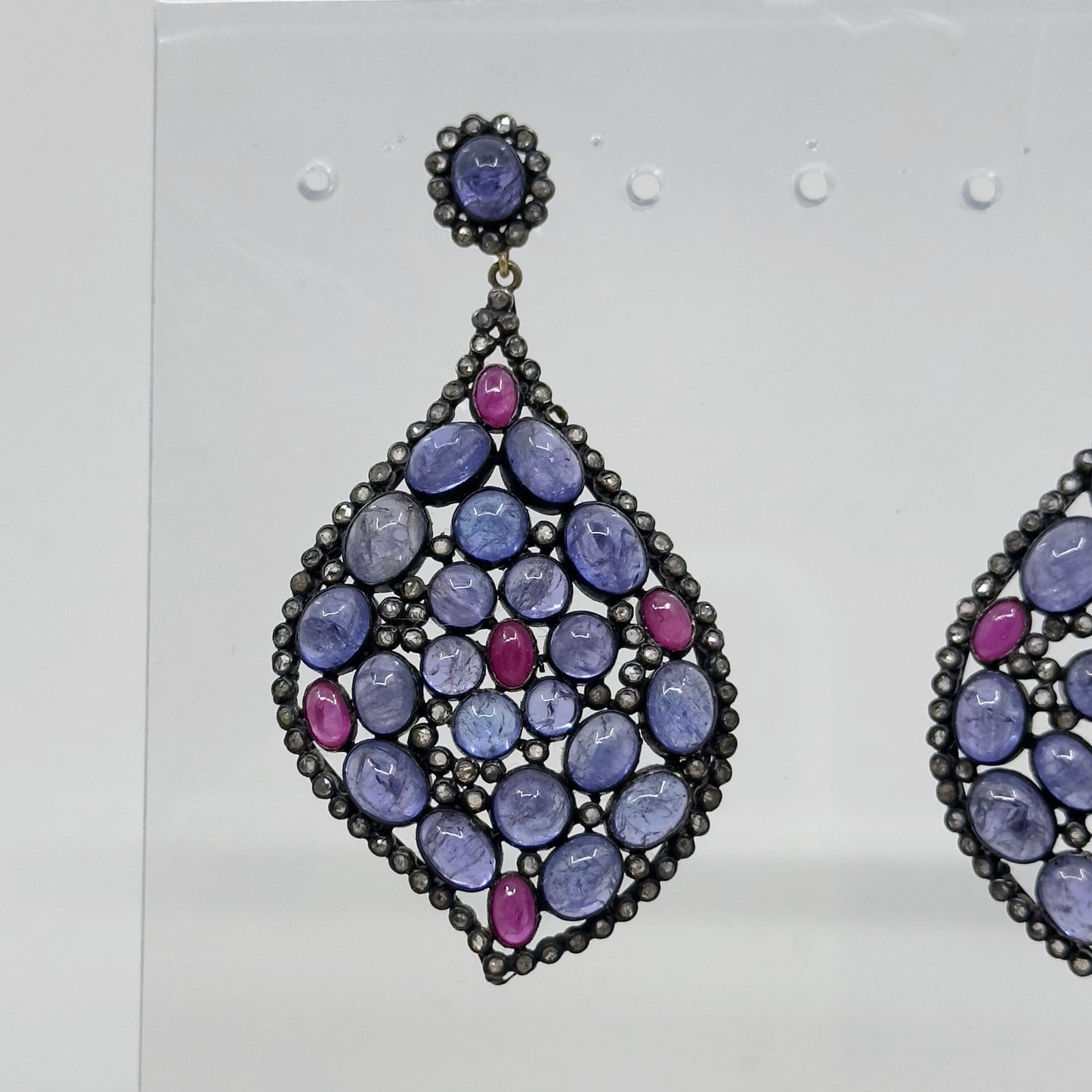 Sterling silver tanzanite ruby  & 2 carat rose cut diamond earrings