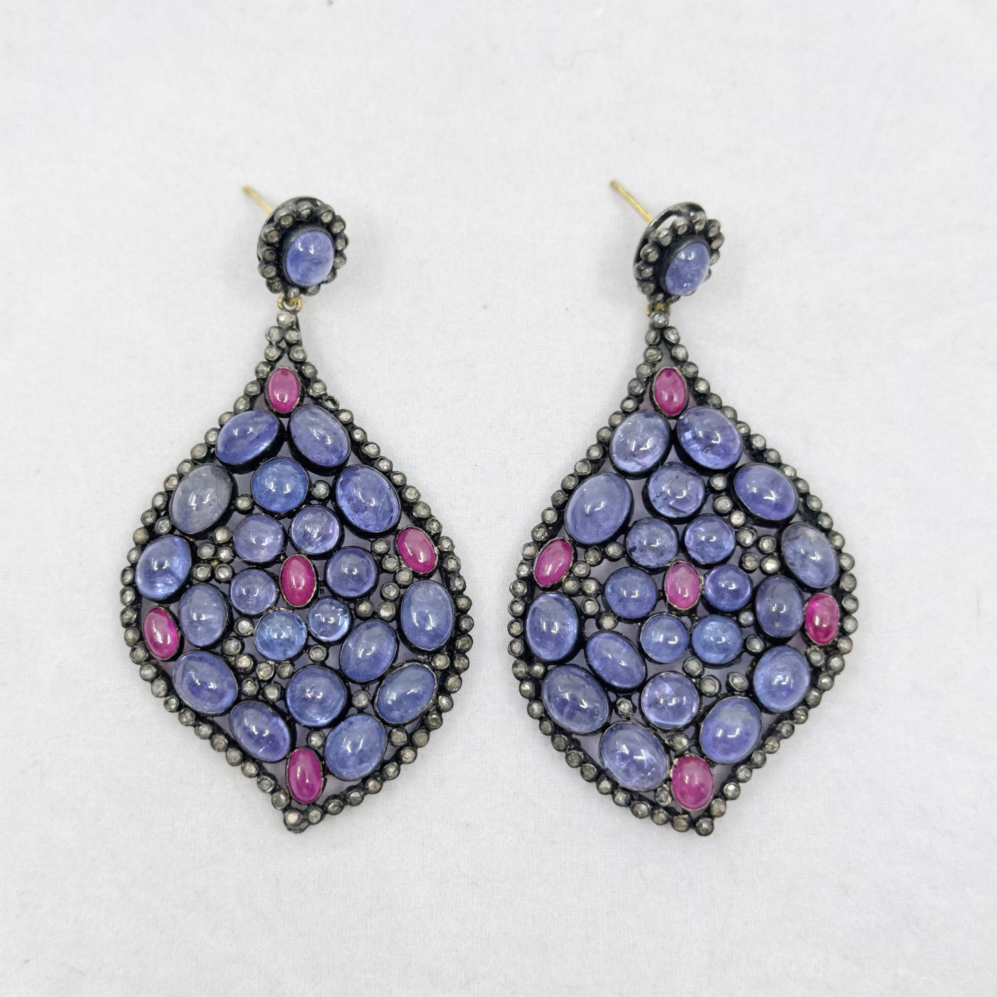 Sterling silver tanzanite ruby  & 2 carat rose cut diamond earrings