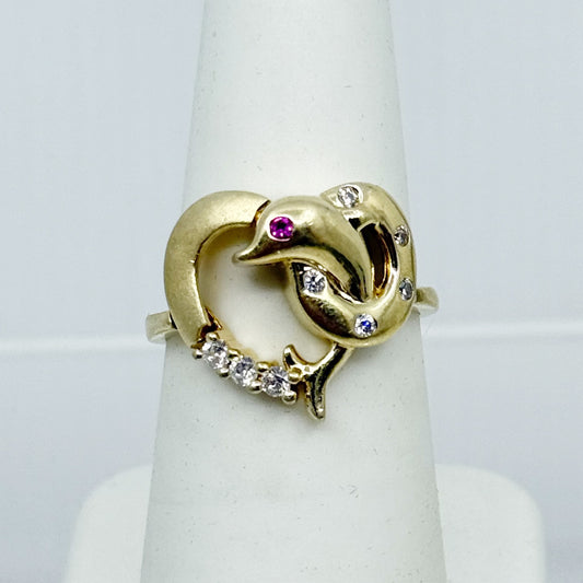 14k gold over sterling silver ruby cubic zirconia dolphin ring - GM1155