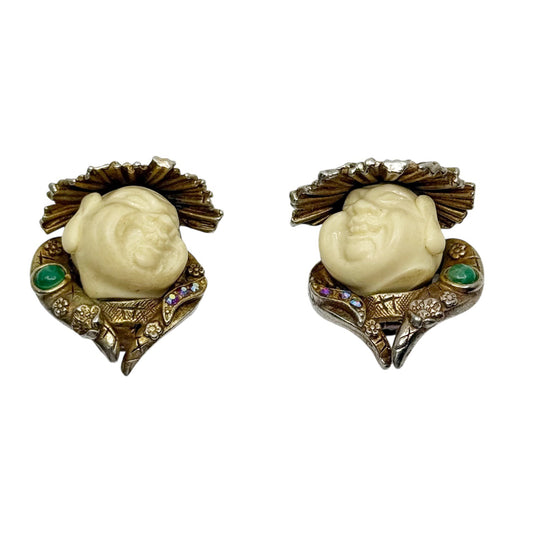 Vintage HAR gold tone laughing  Buddha Clip on Earrings - GM1185