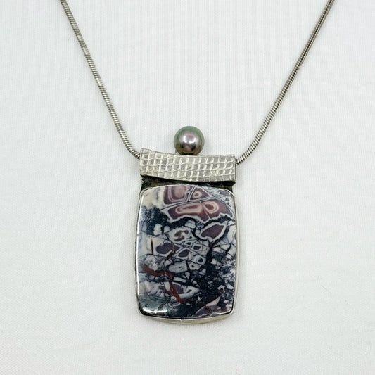 Hand made Myers sterling silver jasper & Tahitian pearl pendant necklace - GM1187