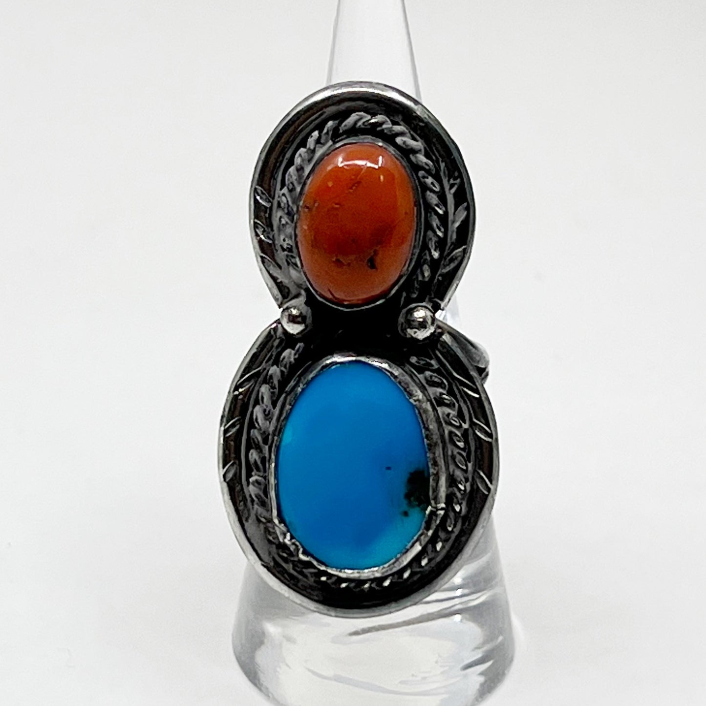 Steven Apachito Navajo sterling silver turquoise & coral ring