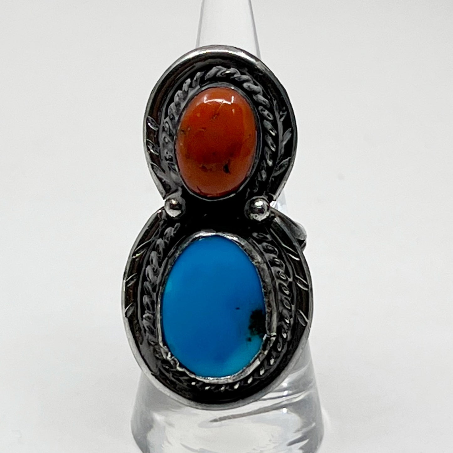 Steven Apachito Navajo sterling silver turquoise & coral ring